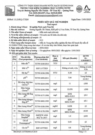 KẾT QUẢ CHẤT LƯỢNG NƯỚC XÍ NGHIỆP NƯỚC SẠCH TAM KỲ THÁNG 1 NĂM 2023