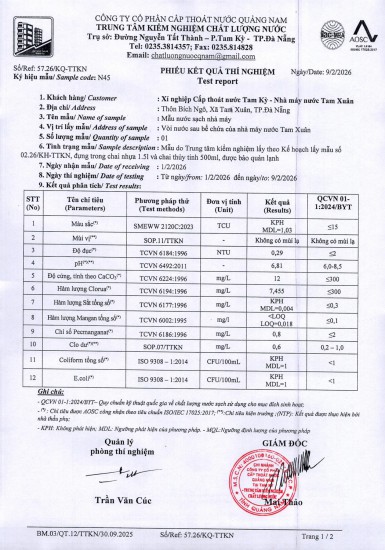 KẾT QUẢ CHẤT LƯỢNG NƯỚC XÍ NGHIỆP CTN TAM KỲ - NMN TAM XUÂN THÁNG 2 NĂM 2026