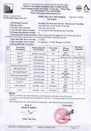KẾT QUẢ CHẤT LƯỢNG NƯỚC XÍ NGHIỆP CTN TAM KỲ - NMN TAM HIỆP THÁNG 2 NĂM 2026