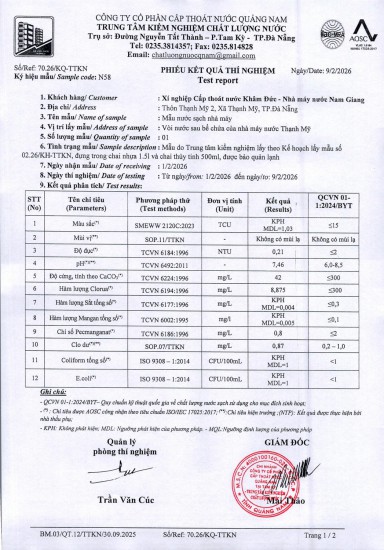 KẾT QUẢ CHẤT LƯỢNG NƯỚC XÍ NGHIỆP CTN KHÂM ĐỨC - NMN NAM GIANG THÁNG 2 NĂM 2026
