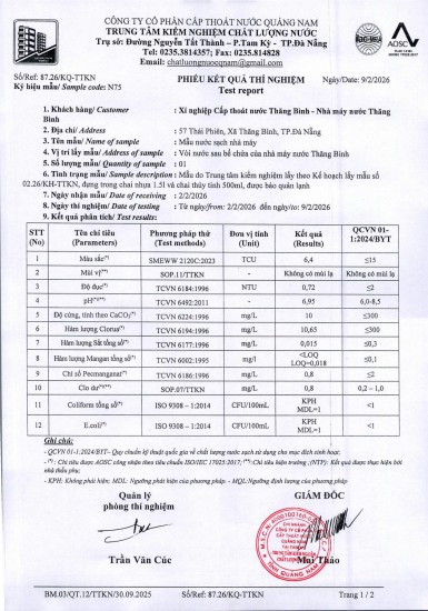 KẾT QUẢ CHẤT LƯỢNG NƯỚC XÍ NGHIỆP CTN THĂNG BÌNH - NMN THĂNG BÌNH THÁNG 2 NĂM 2026