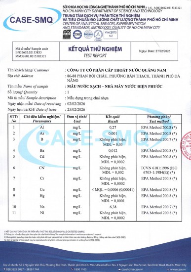 KẾT QUẢ CHẤT LƯỢNG NƯỚC CHỈ TIÊU B XÍ NGHIỆP CẤP THOÁT NƯỚC HỘI AN - NHÀ MÁY NƯỚC ĐIỆN PHƯỚC ĐỢT 1 NĂM 2026