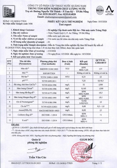 KẾT QUẢ CHẤT LƯỢNG NƯỚC XÍ NGHIỆP CTN HỘI AN - NMN TRẢNG NHẬT ĐỢT 1 THÁNG 3 NĂM 2026