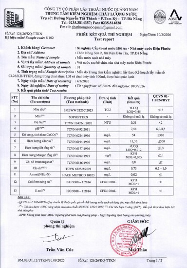 KẾT QUẢ CHẤT LƯỢNG NƯỚC XÍ NGHIỆP CTN HỘI AN - NMN ĐIỆN PHƯỚC ĐỢT 1 THÁNG 3 NĂM 2026