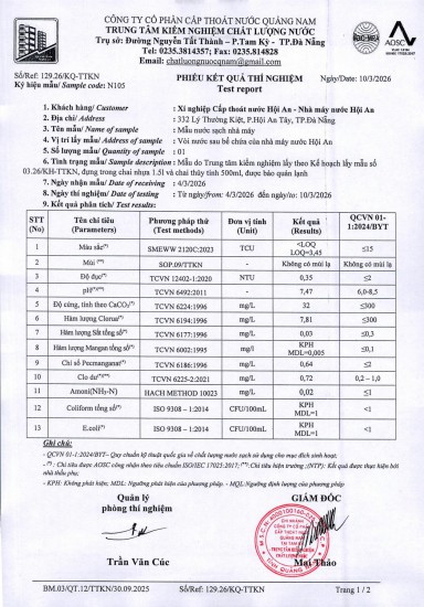 KẾT QUẢ CHẤT LƯỢNG NƯỚC XÍ NGHIỆP CTN HỘI AN - NMN HỘI AN ĐỢT 1 THÁNG 3 NĂM 2026