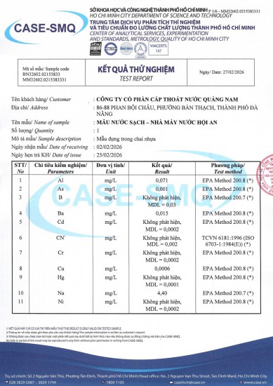 KẾT QUẢ CHẤT LƯỢNG NƯỚC CHỈ TIÊU B XÍ NGHIỆP CẤP THOÁT NƯỚC HỘI AN - NHÀ MÁY NƯỚC HỘI AN ĐỢT 1 NĂM 2026
