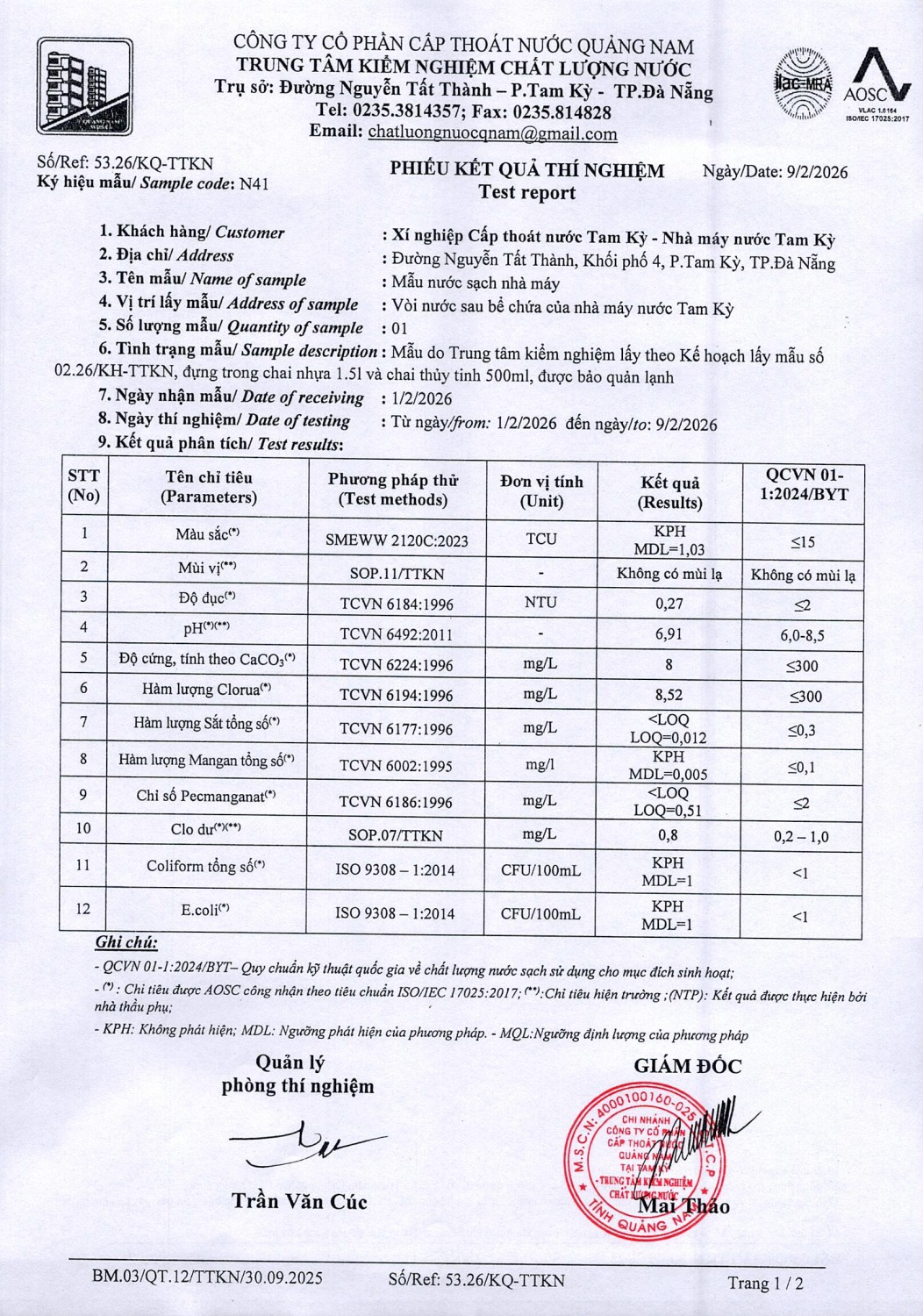 KẾT QUẢ CHẤT LƯỢNG NƯỚC XÍ NGHIỆP CTN TAM KỲ - NMN TAM KỲ THÁNG 2 NĂM 2026
