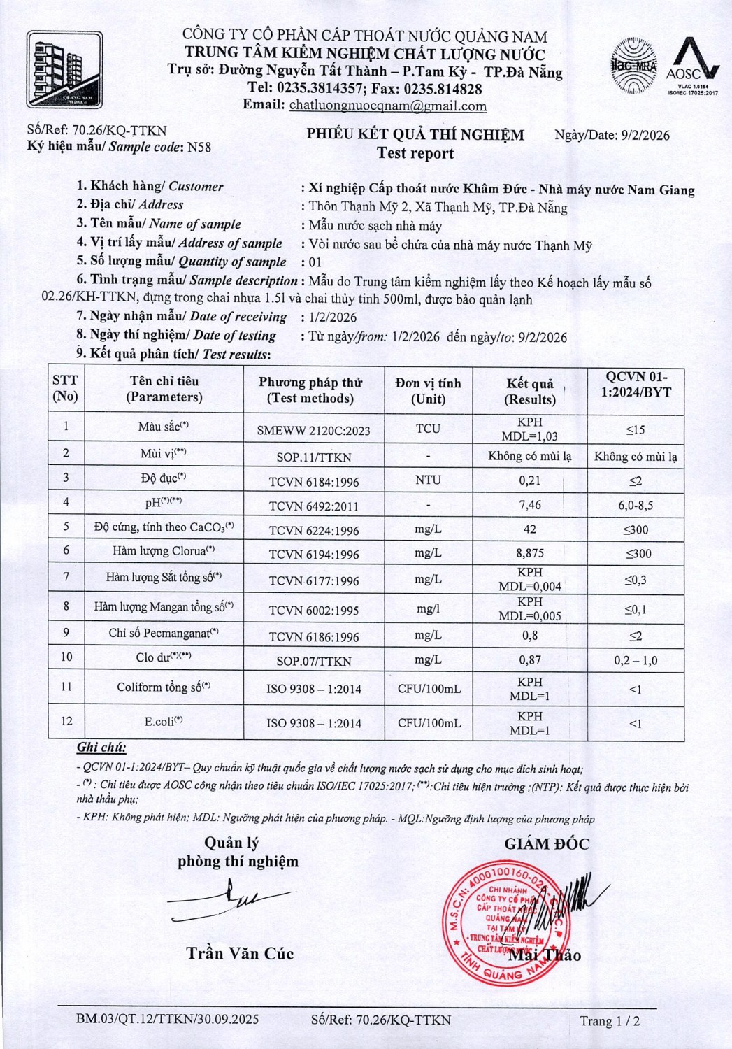 KẾT QUẢ CHẤT LƯỢNG NƯỚC XÍ NGHIỆP CTN KHÂM ĐỨC - NMN NAM GIANG THÁNG 2 NĂM 2026