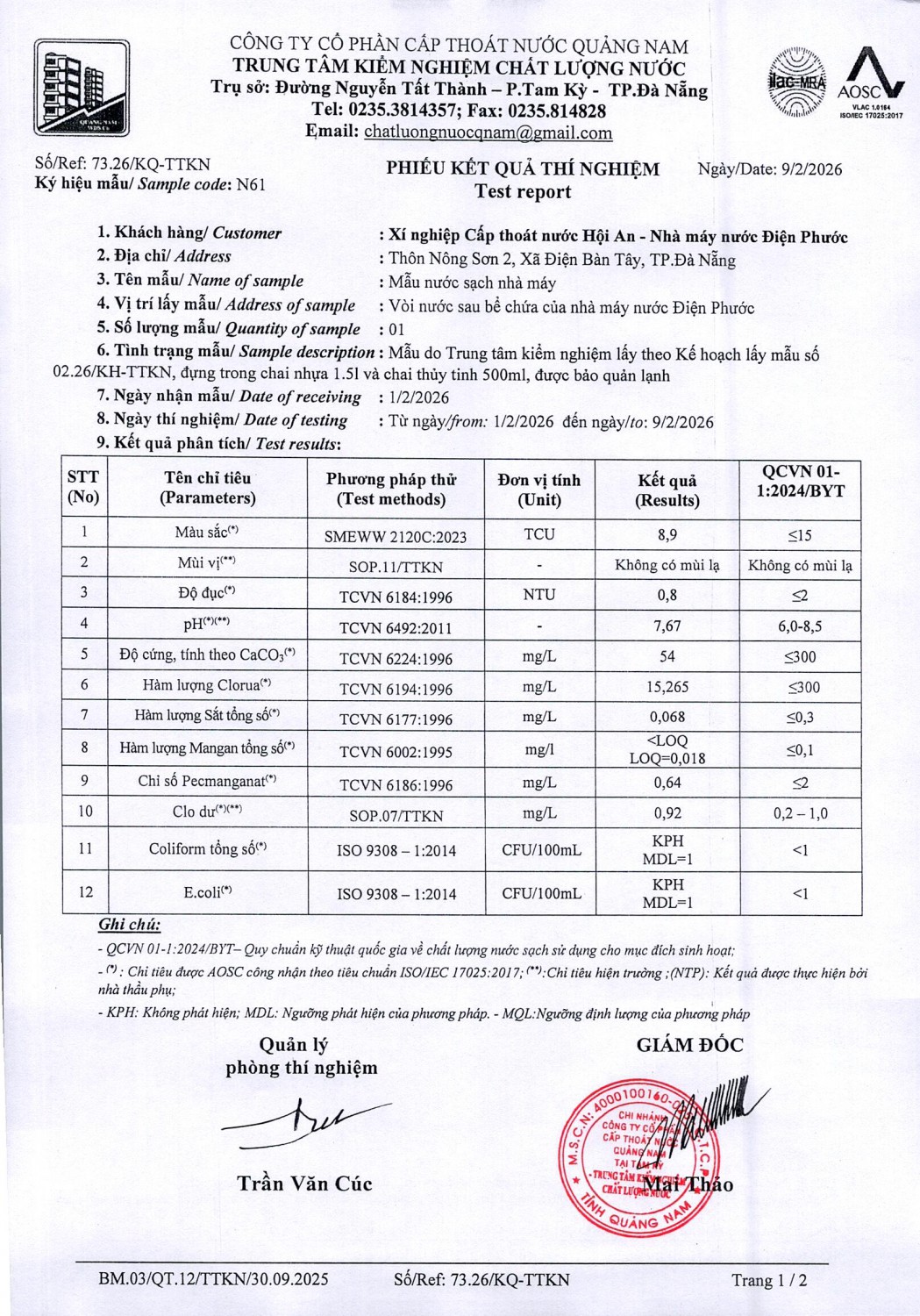 KẾT QUẢ CHẤT LƯỢNG NƯỚC XÍ NGHIỆP CTN HỘI AN - NMN ĐIỆN PHƯỚC THÁNG 2 NĂM 2026