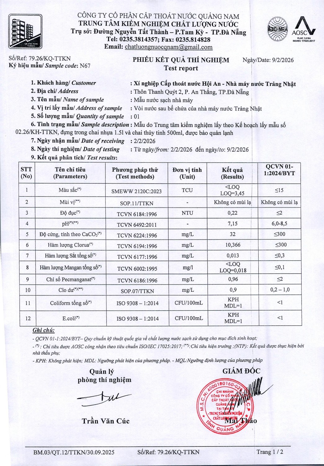 KẾT QUẢ CHẤT LƯỢNG NƯỚC XÍ NGHIỆP CTN HỘI AN - NMN TRẢNG NHẬT THÁNG 2 NĂM 2026