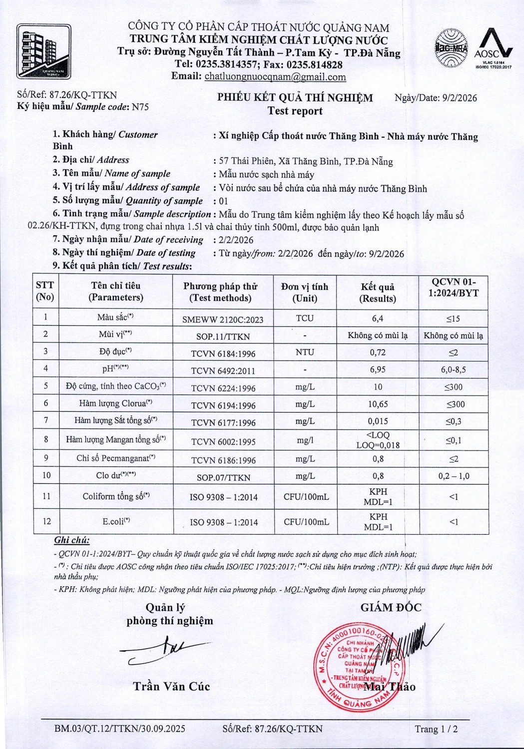 KẾT QUẢ CHẤT LƯỢNG NƯỚC XÍ NGHIỆP CTN THĂNG BÌNH - NMN THĂNG BÌNH THÁNG 2 NĂM 2026